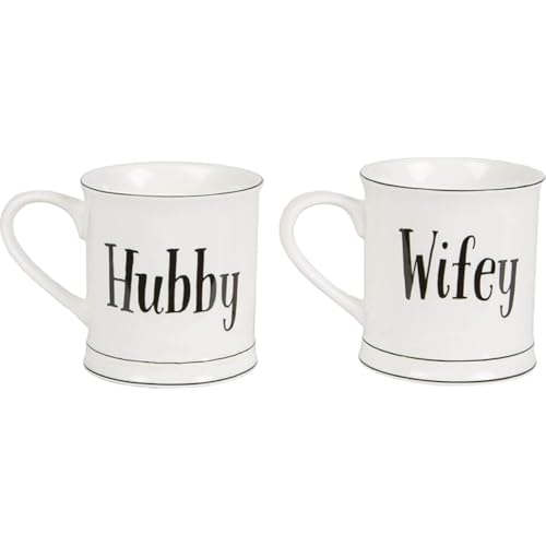Image of Lescale Furnishings Set of Hubby and Wifey Mugs – 400ml White Ceramic Couple Mugs – Embossed Typography on Both Sides – Microwave & Dishwasher Safe - for Wedding or Anniversary