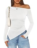 ZESICA Women's Off The Shoulder Tops 2025 Long Sleeve Y2K Asymmetrical Ruched Fitted Shirts Fall Trendy Going Out Top White Medium