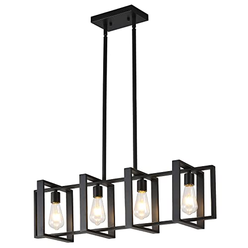 HQZBPT Farmhouse Rectangle Chandeliers for Dining Rooms, 31.5 INCH Modern Linear Hanging Light Fixture Matte Black 4-Light Industrial Pendant Lighting for Kitchen Island by HQZBPT - Used condition - US$56.78