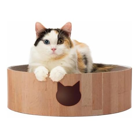Necoichi Cat Scratcher Bowl for Indoor Cats - Cat Scratching Lounger with Reversible Usability and Extra Comfort for Lounge, Cardboard Bed Couch / (Regular, Oak) Cover