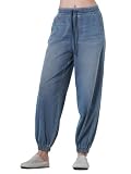 LaiEr Women's Cuffed Jeans Mid Rise Drawstring Elastic Waist Tapered Fit Casual Relaxed Supple Stretch Denim Suitable for Sports Yoga Stylish Wear for Everyday(LightBlueS)