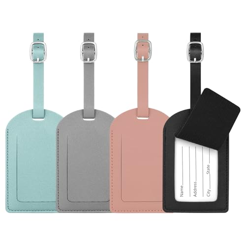 Flintronic Lot de 4 étiquettes de bagages en cuir, étiquettes de valise, étiquettes d'identification en cuir, accessoires de sac à main de voyage pour éviter la perte de sacs