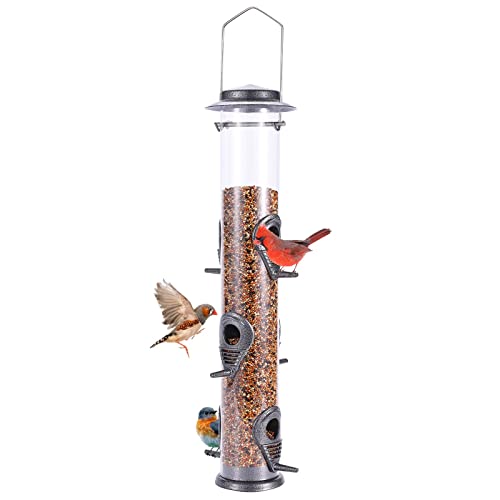 MIXXIDEA Metal Wild Bird Feeder, Squirrel Proof, Hanging 6 Port Tube Transparent Finch Feeder for Attracting Birds in Lawn, Garden, Balcony - Gray
