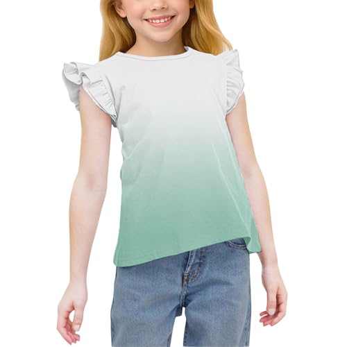 Girls Gradient Ruffle Flutter Sleeve T-Shirts Cute Summer Tops Loose Crewneck Casual Tees for Kids 3-15 Years