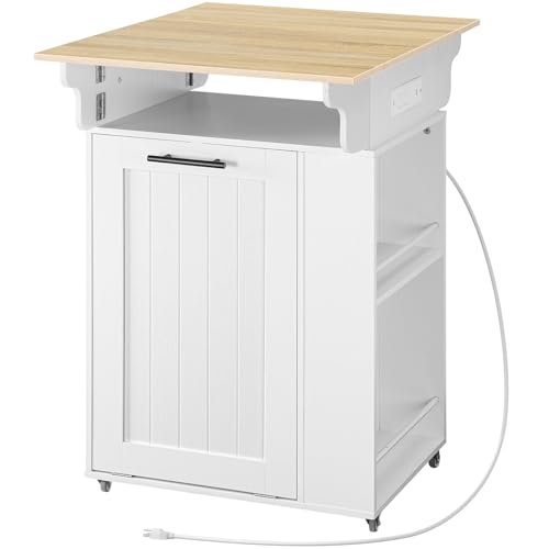 HOOBRO Kitchen Island with Trash Can Storage, Island Table with Drop Leaf Countertop, Rolling Kitchen Cart on Wheels, Storage Island with Power Outlet & Spice Rack, White and Natural WN33UZD01