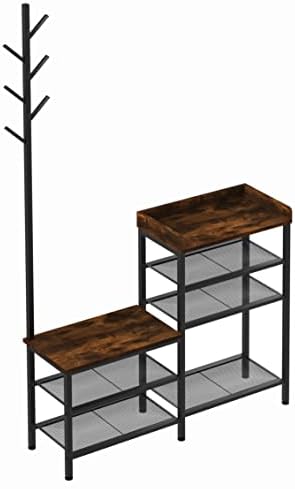 Furniouse 39.4''W Shoe Bench Entryway with Coat Rack, 4 Tier Rack with Metal Mesh Shelves and Wood Seat, Mudroom Bench for Shoe Storage, 4 in 1 Rustic Bench for Hallway, Foyer, Doorway