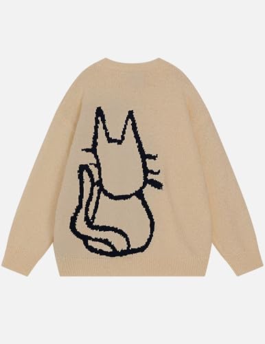 Aelfric Eden Women's Pullover Sweater Hand Drawn Cat Graphic Printed Oversized Sweater Fall Winter Fashion Couple Tops Khaki Meidum - image 2