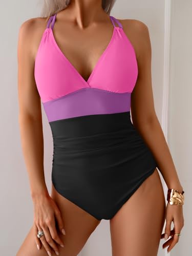 Image of Aidonger Women's One Piece Color Block Swimsuit Tummy Control Slimming Bathing Suit V Neck Cutout High Waisted Swimwear