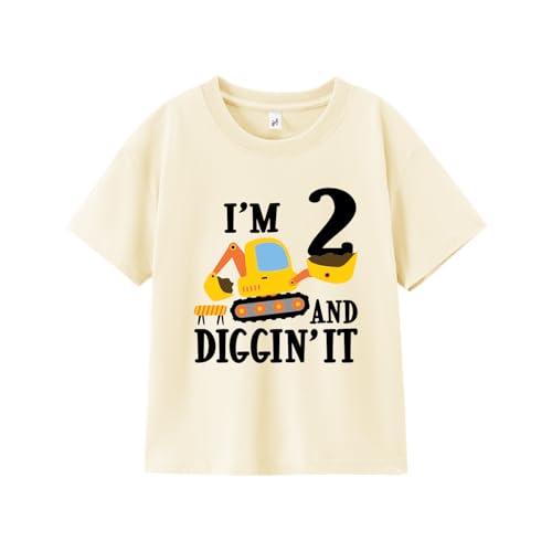 Honeypawpaw Toddler Boys 2nd Birthday Shirt, Two Handsome Dinos Firetruck Dude Shirt Two Years Old Birthday Gift, Short Sleeve Tees