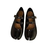 Tabi Ballet Flats Women Cute Split Toe Tabis Mary Janes Japanese Tabby Ballerina Shoes Slip On Low Heel Lightweight Breathable Leather Buckle Straps Casual Retro Comfort Wear Office Outdoor Footwear (Black,8)