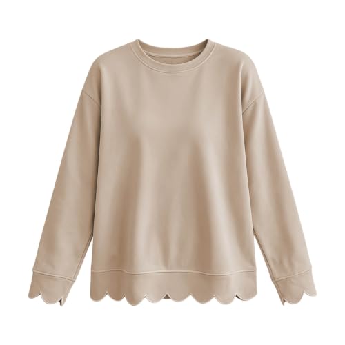 VBTAPA Womens Hoodie Womens Oversized Sweatshirt Dressy Casual Crew Neck Sweatshirts Fall Cute Lightweight Scalloped Pullover Daily 2026 Khaki S - image 6