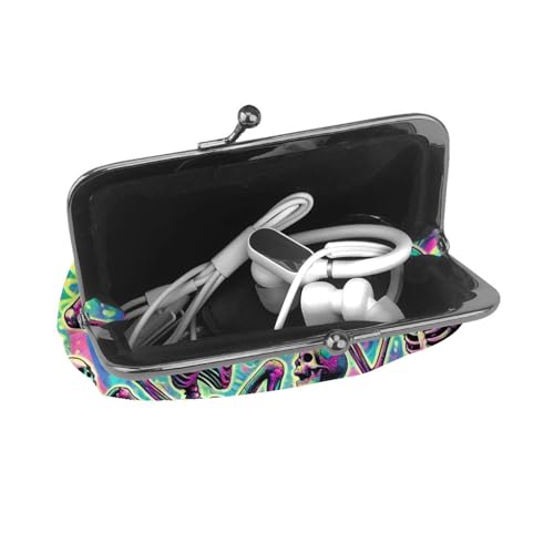 Pu Leather Buckle Coin Purse Psychedelic-Halloween-Skeletons Girls Kiss-Lock Change Purse Wallets4