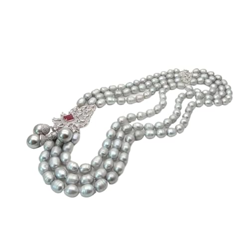 22インチ 3ストランド グレーライス 淡水パールネックレス 貝殻 洋ナシ キュービックジルコニア 炎の形をしたコネクターネックレス 女性用