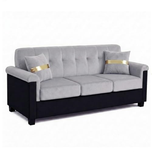 Image of FURNY Woodswave 5 Seater 3+1+1+2 Puffy Sofa Set for Living Room in Premium Velvet Finish (Light Grey-Black) | Durable & Comfortable | Ideal for Living Room