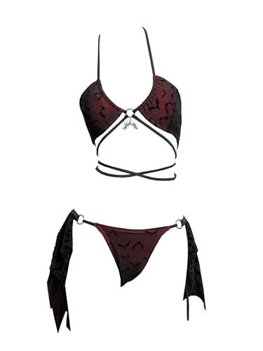 MEOWCOS Goth Bikini Halter - Neck Bat Design Focking Swimsuit