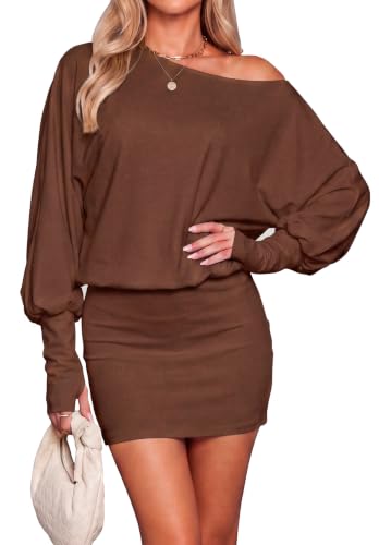 Image of Bluetime Women's Off The Shoulder Long Sleeve Oversized Bodycon Mini Dress, Brown, L
