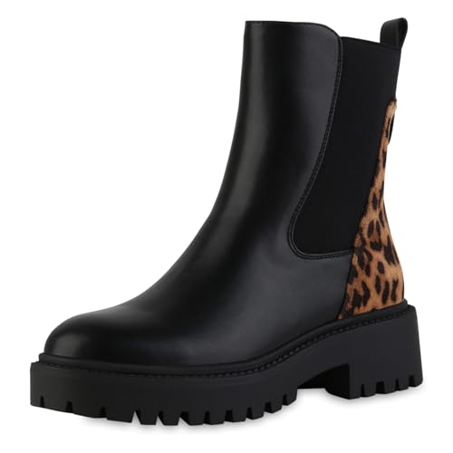 VAN HILL Damen Klassische Stiefeletten Blockabsatz Lack Trendy Schuhe 217680 Schwarz Leopard 37