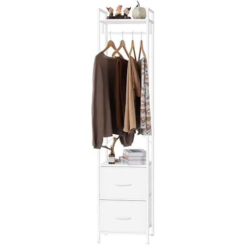 smusei Clothes Rack with Drawers Heavy Duty Garment Rack with Fabric Drawers and Storage Shelves Freestanding Clothing Rack for Bedroom Entryway Living room White Cover