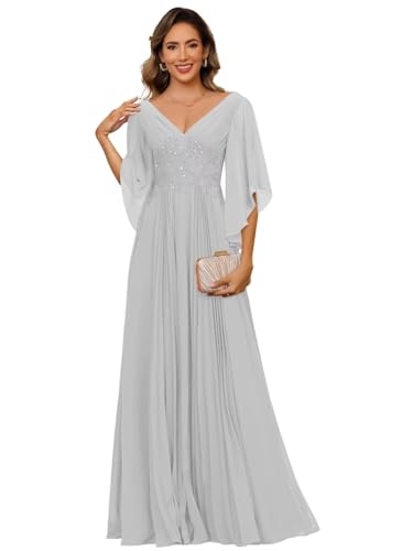 Women's Chiffon Mother of The Bride Dresses 3/4 Sleeve V Neck Lace Appliques Formal Dress VS251