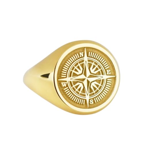 Chevalière boussole ronde en argent sterling 925 et bague plaquée or taille 5-12.5 US