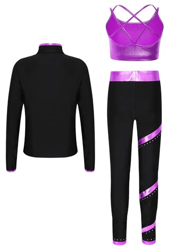 3 Pcs Kids Girls Sports Dance Suit Zipper Long Sleeve Jacket Metallic Sport Bra with Pants Tracksuit2