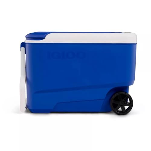 Cooler with Wheelie Cool 38qt Rolling with Durable Wheels, Reinforced Tow Handle, 53-Can Capacity, Stain-Resistant Liner, Made in USA (Blue)