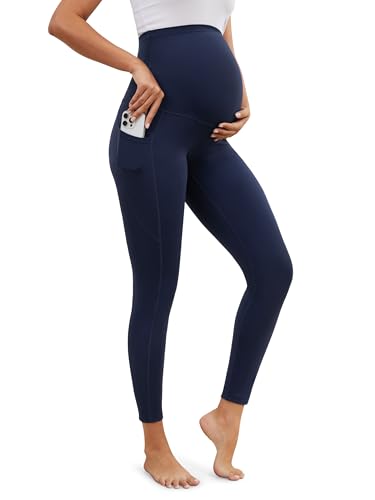 SEVEGO Women's Tall 34" Inseam Maternity Leggings Over The Belly Pregnancy Yoga Pants Active Wear Workout Leggings, Navy Blue, M