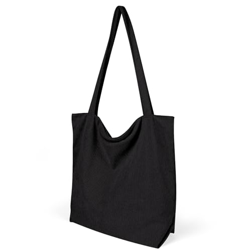 flintronic Bolsa Hombro de Pana Mujer, Bolso Bandolera para Mujer, Gran Bolso de Hombro Mujer, Bolsas de Mano Ecológicas, con Cremallera y Bolsillo Interiorpara Compras, Viajes Trabajo Escuela-Negro