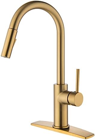 Gold Kitchen Sink Faucets Pull Down 2 Mode Sprayer with Deck Plate, Brushed Brass Gold