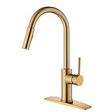 Gold Kitchen Sink Faucet with Pull Down Sprayer, Pull Out Flexible 2 Mode Spray and Deck Plate Brushed Gold