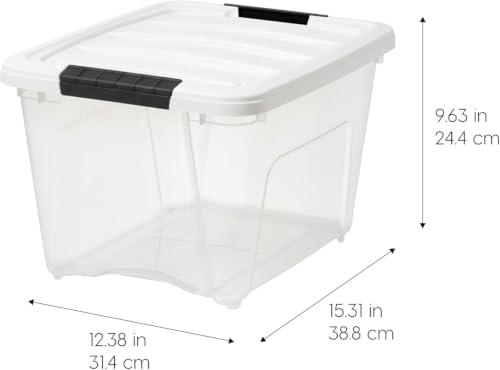 Image of IRIS USA 19 Qt Stackable Storage Bins with Lids, 6 Pack, Clear Plastic | Clear BPA-free bins with secure latches organize crafts, toys, shoes, office supplies, pantry items, and closets.