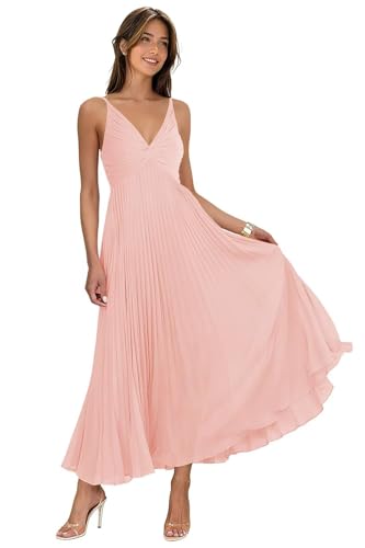 Women's V Neck Pleated Bridesmaid Dresses Long Spaghetti Strap Sleeveless Formal Dress DI255