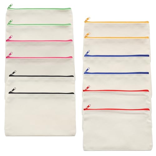 Wuyituart Blank Canvas Bags Zipper Pouch Makeup Bags, 12 Pcs, Color Zipper
