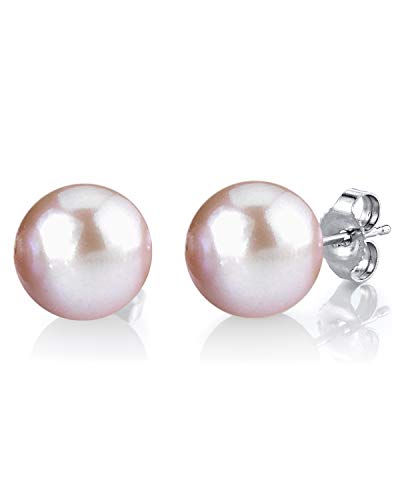 THE PEARL SOURCE Round Pink Freshwater Real Pearl Earrings for Women - Sterling Silver Stud Earrings | Hypoallergenic Earrings with AAA Genuine Cultured Pearls, 9-10mm