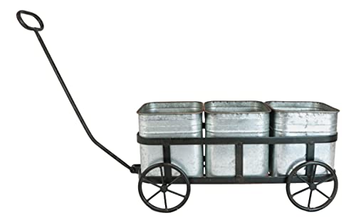 Ebros Gift Galvanized Metal Rustic 3 Pot Planters Vintage Country Farmhouse Style Wheel Wagon Indoor Or Outdoor Standalone Planter Pots For Succulents Or Natural Greenery Plants Accent #TOP3