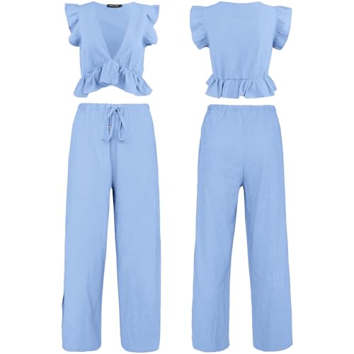 FANCYINN Womens 2 Pieces Outfits Deep V Neck Crop Top Side Slit Drawstring Wide Leg Pants Set Jumpsuits Light Blue XL