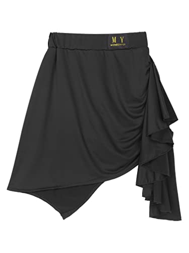 Feeshow Women Latin Dance Skirts Side Ruched Plain Mini Skirts Elastic High Waist Ruffle Skirts Black Large #TOP4