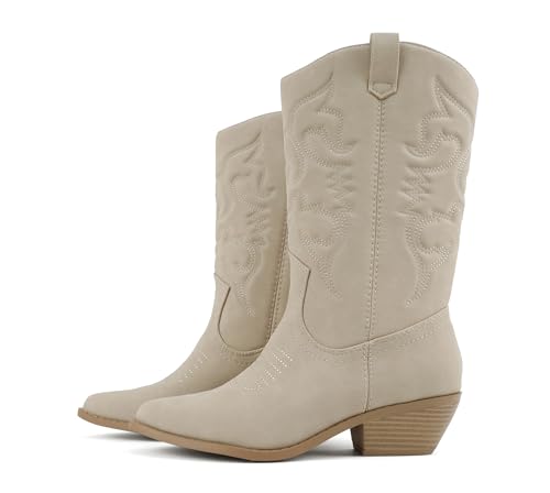 Image of Soda inchTELLER inch ~ Women's Western Cowboy Boots with Stitched Detailing, Pointed Toe, and Low Block Heel