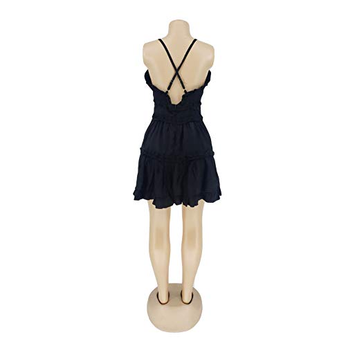 Image of WOKANSE Women Sexy V-Neck Sleeveless Spaghetti Straps Cross Backless Ruched Ruffle Party Club Beach Mini Dresses