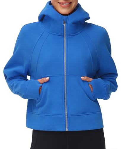 THE GYM PEOPLE Women's Full-Zip Up Hoodies Jacket Fleece Workout Crop Tops Sweatshirts with Pockets Thumb Hole Sea Blue