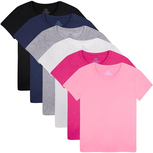 FEQO 6 Pack Girls Short Sleeve T Shirts Cotton Tees Summer Tops T-Shirt for Girl 5-14 Years