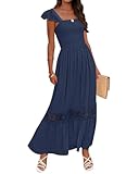 ZESICA Women's 2025 Summer Lace Strap Sleeveless Square Neck Smocked High Waist Ruffle Hollow Out Flowy A Line Maxi Dress,Navy,Large