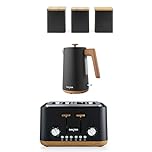Salter Toronto Kettle, Toaster & Countertop Set – Includes Tea, Sugar, Coffee Canisters, Rapid Boil, 4-Slice Wide Slots, Storage Canisters, Wooden Accents, Matt Black
