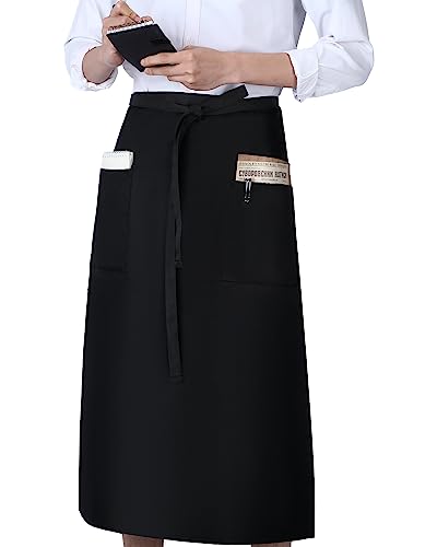 Xtinmee 4 Pcs Bistro Aprons 2 Pockets 32 Inch Waterproof Half Waist Black Bistro Apron with Long Waist Ties for Server Chef Waiter Waitress Bartender - Thumbnail 3