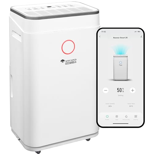 Dehumidifier - MYCOND Roomer 25L/Day Compressor Smart Dehumidifier, Quiet Operation ≤45dB, Wi-Fi and app Control, 6.5L Tank, Continuous Drainage, Ideal for Home, Bedroom & Basement