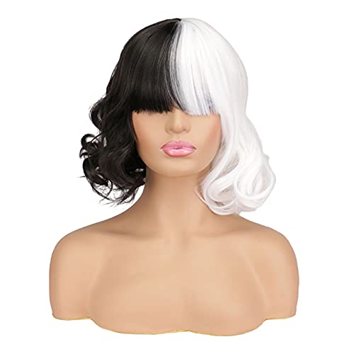yeacher Preto e Branco Peruca Curta Ondulada Sintética Peruca Curta Ondulada Ombro Feminino Full Ban