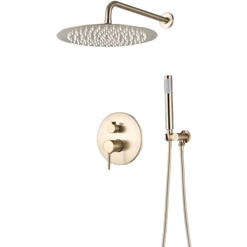 Système de douche brossé or luxueux avec mitigeur encastré et pommeau rond pour salle de bain