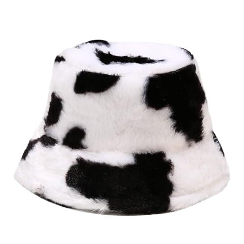 Quanhaigou Winter Faux Fur Bucket Hat,Fuzzy Warm Hat for Women Men, Fluffy Fisherman Cap (Cow Black White)