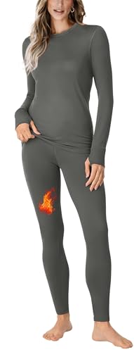 WIHOLL Long Johns Thermal Underwear for Women Fleece Lined Base Layer Thermals Top and Bottom Set Pajama Set Winter Clothing Grey M