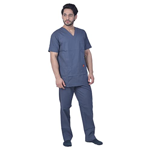 Image of UNISEX V-NECK POLYESTER COTTON MEDICAL SCRUB SUIT FOR DOCTORS (TOP AND BOTTOM) TRIPLE NEEDLE STITCH TOP WITH CHEST POCKET, DARK GREY, 40-L.
